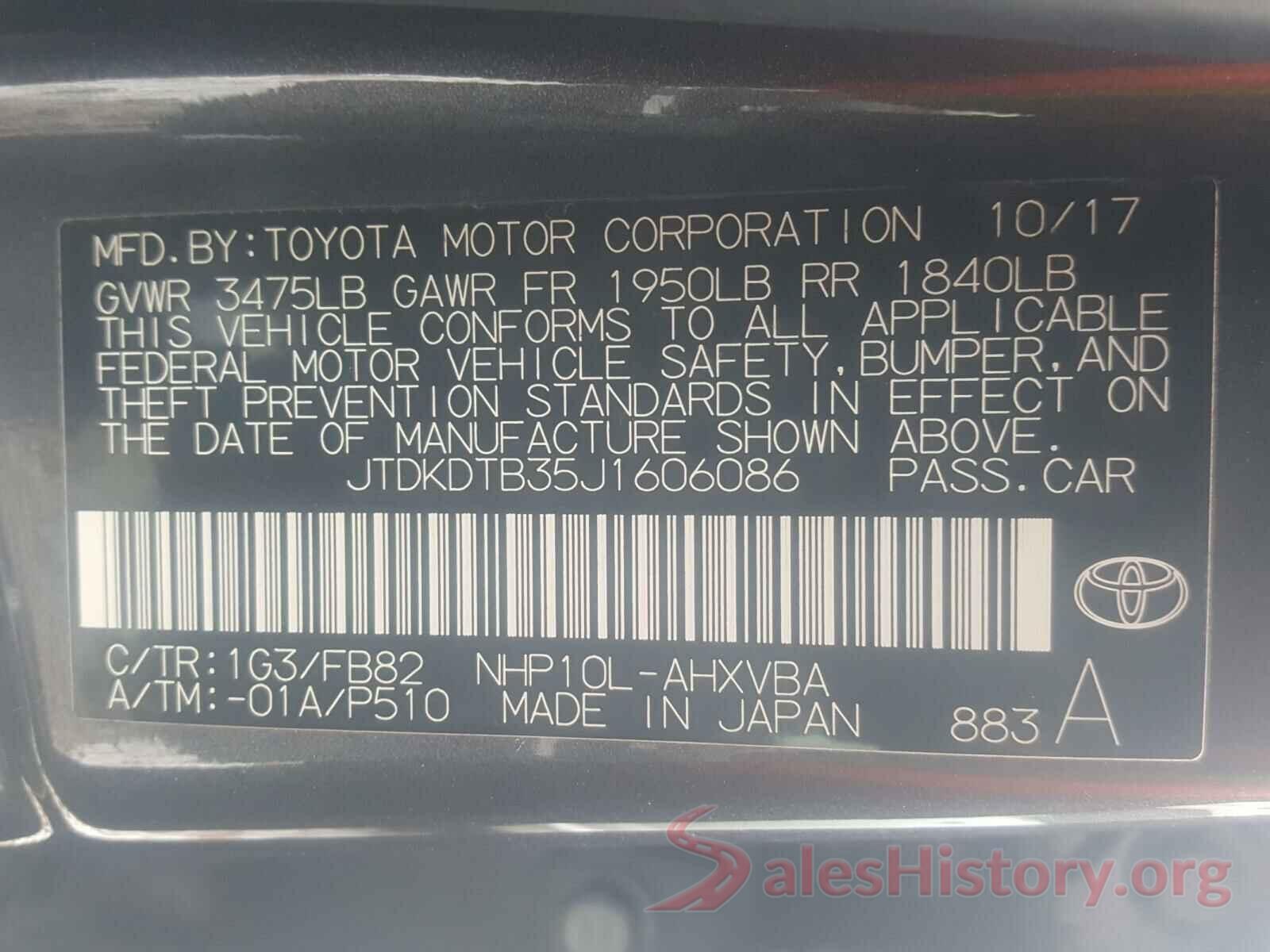 JTDKDTB35J1606086 2018 TOYOTA PRIUS