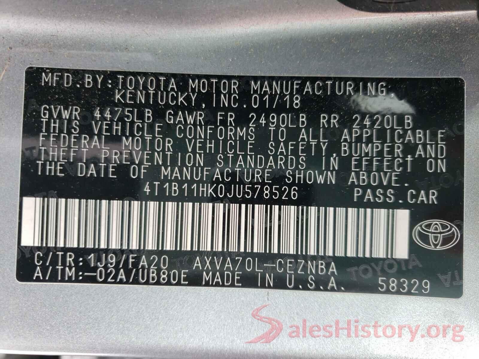 4T1B11HK0JU578526 2018 TOYOTA CAMRY