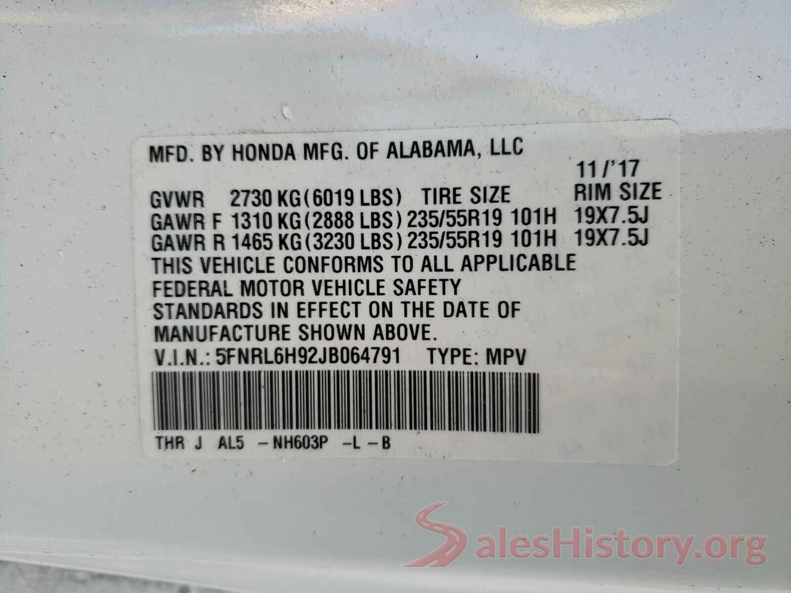 5FNRL6H92JB064791 2018 HONDA ODYSSEY