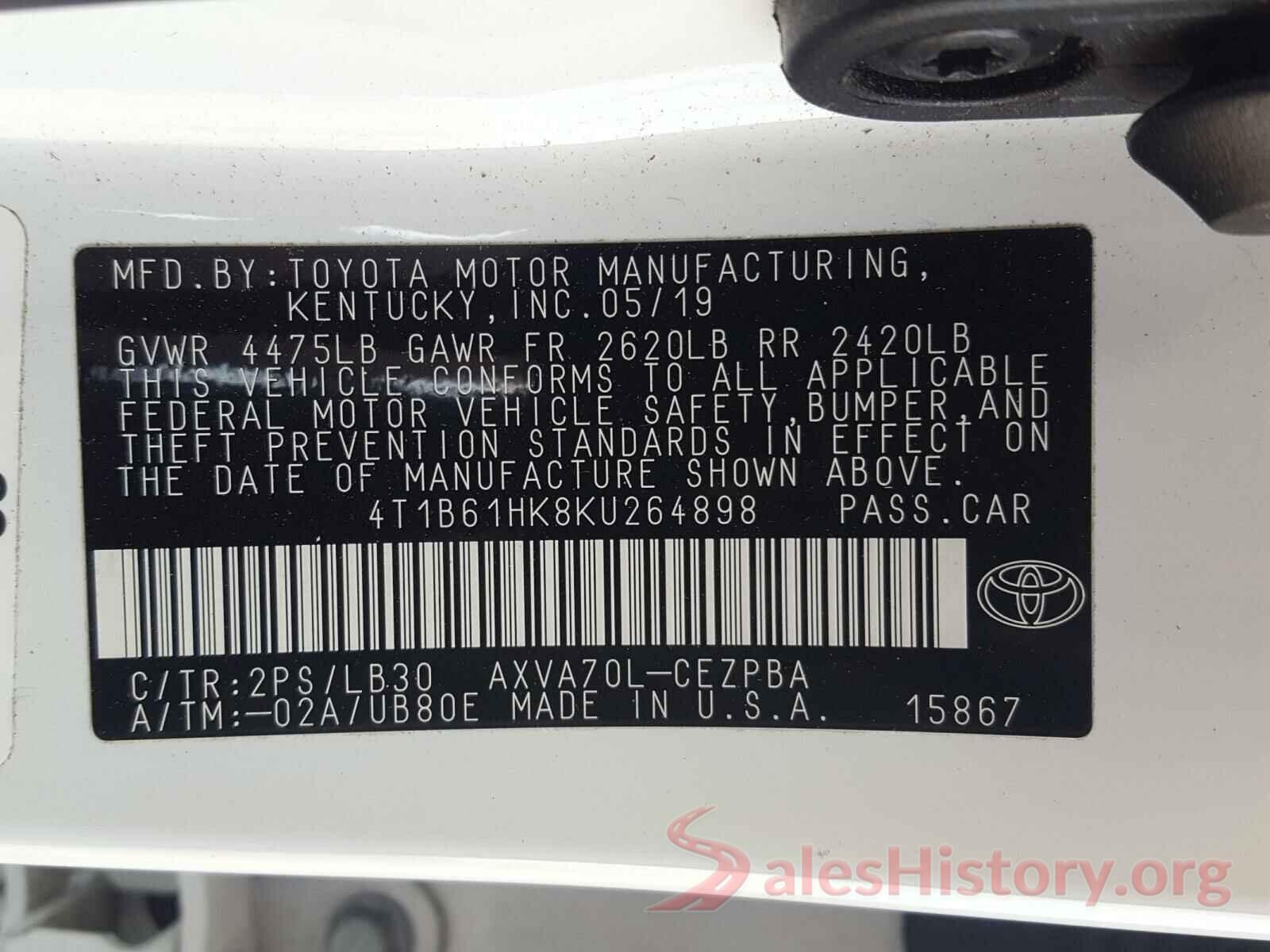 4T1B61HK8KU264898 2019 TOYOTA CAMRY