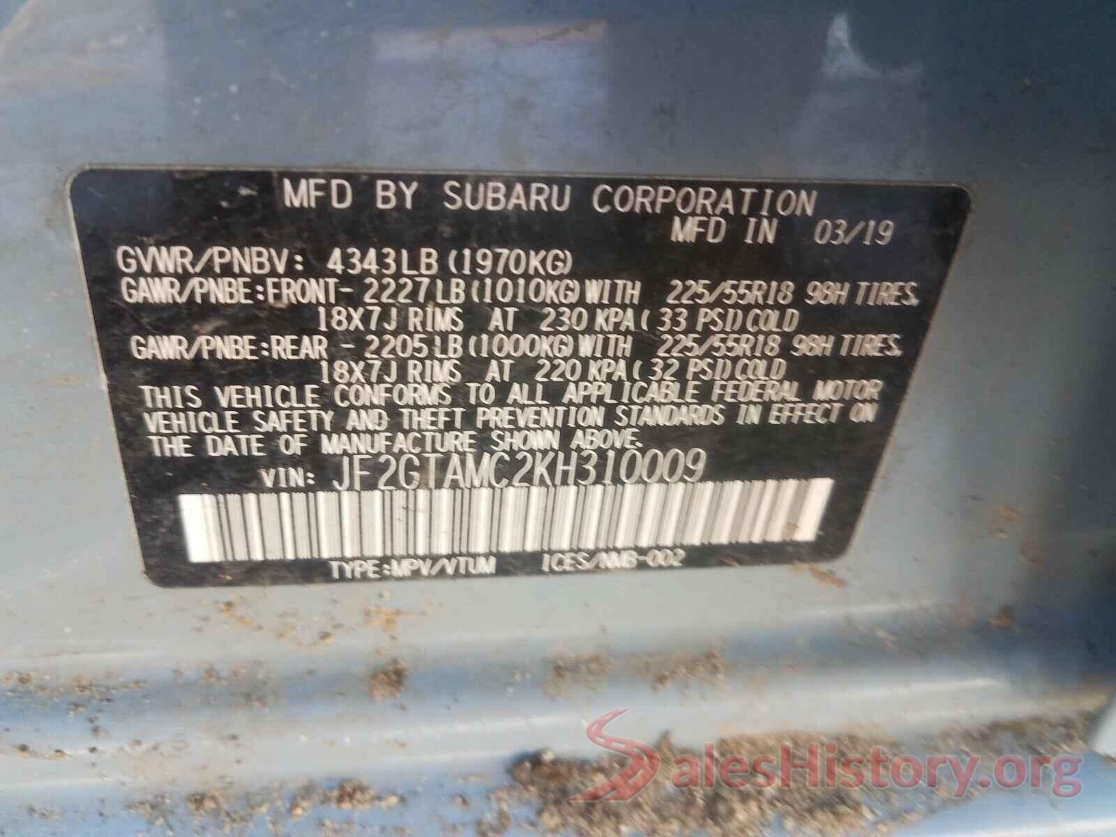 JF2GTAMC2KH310009 2019 SUBARU CROSSTREK