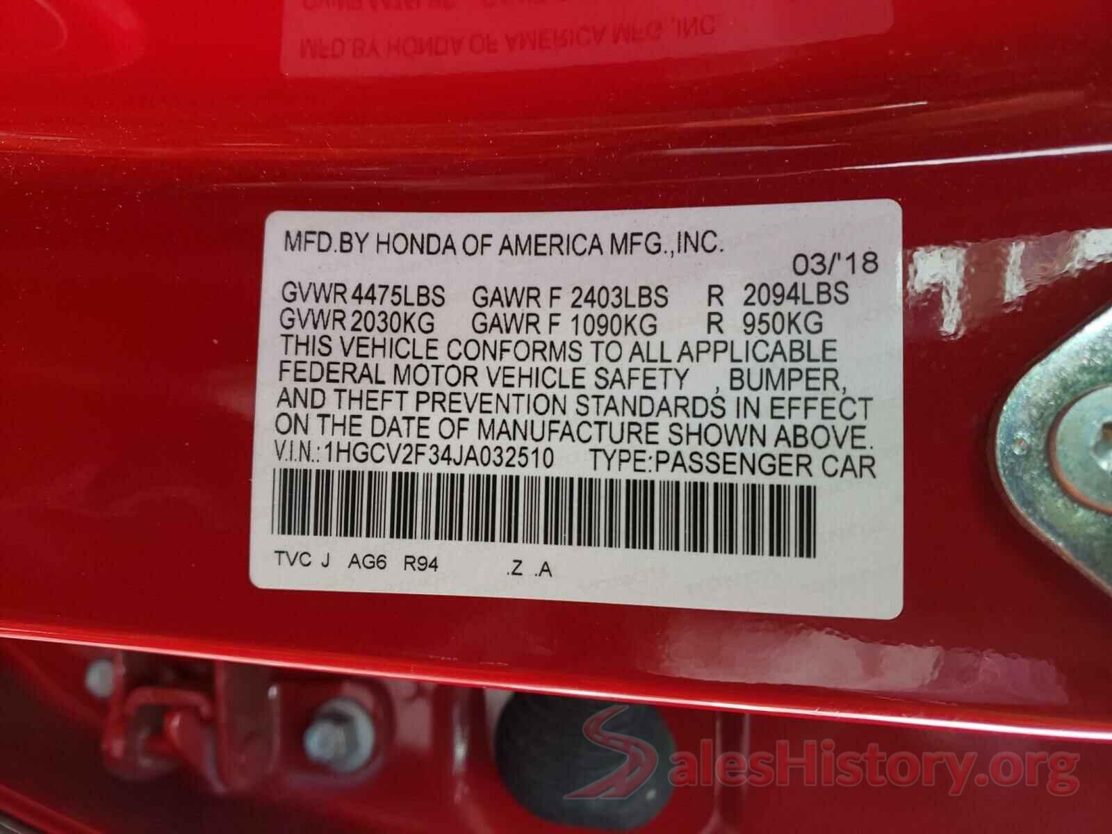 1HGCV2F34JA032510 2018 HONDA ACCORD