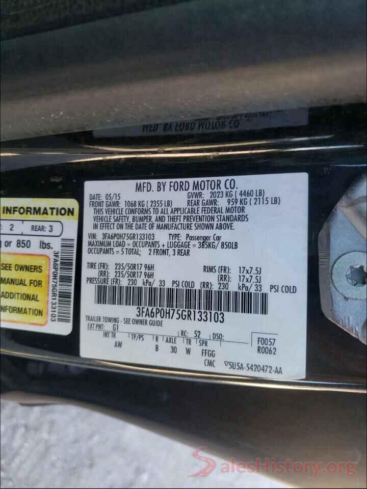 3FA6P0H75GR133103 2016 FORD FUSION