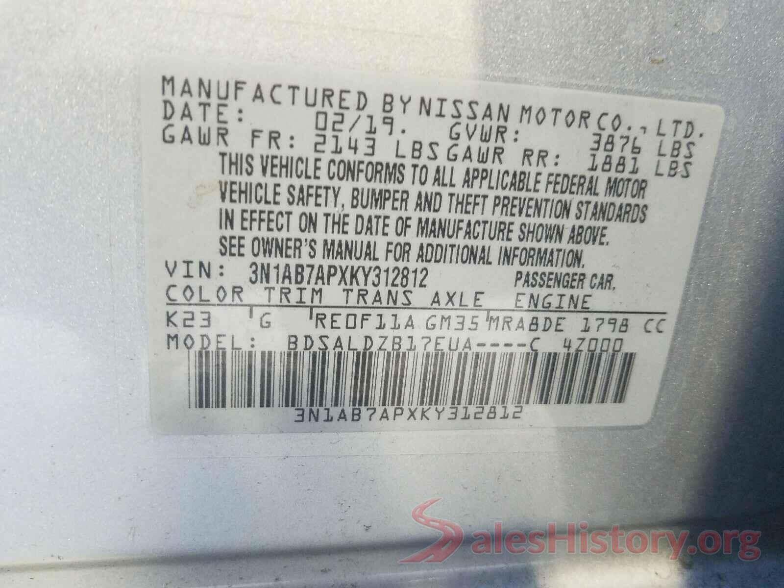 3N1AB7APXKY312812 2019 NISSAN SENTRA