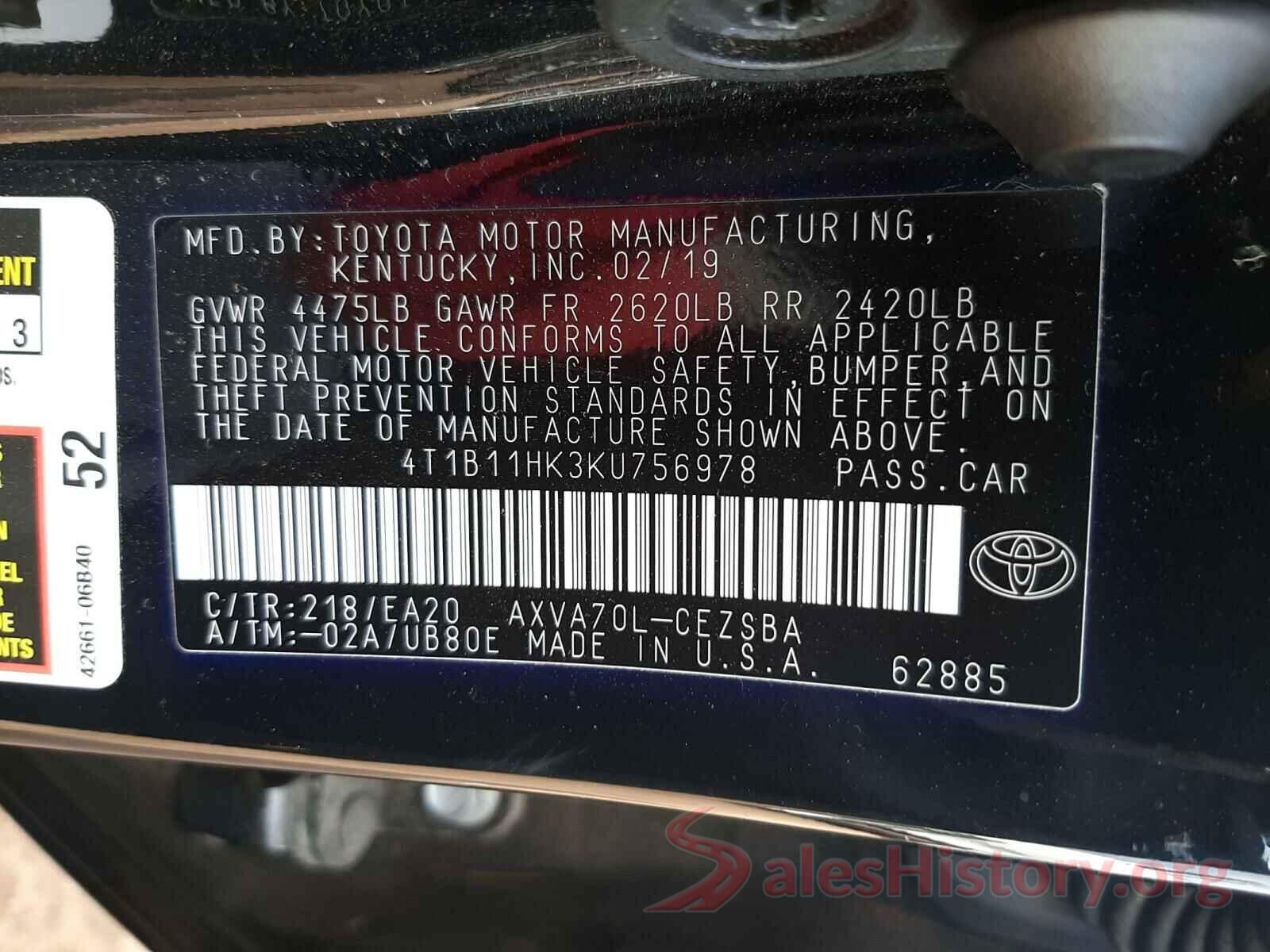 4T1B11HK3KU756978 2019 TOYOTA CAMRY