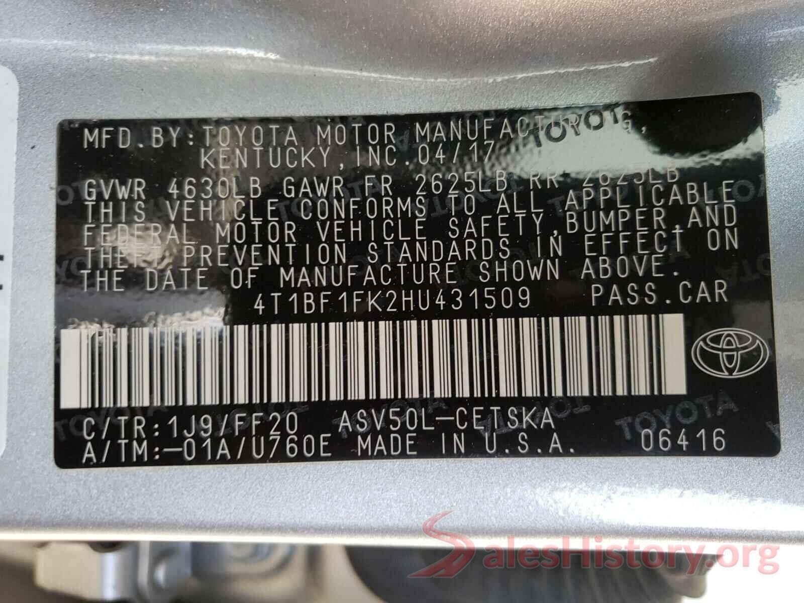 4T1BF1FK2HU431509 2017 TOYOTA CAMRY