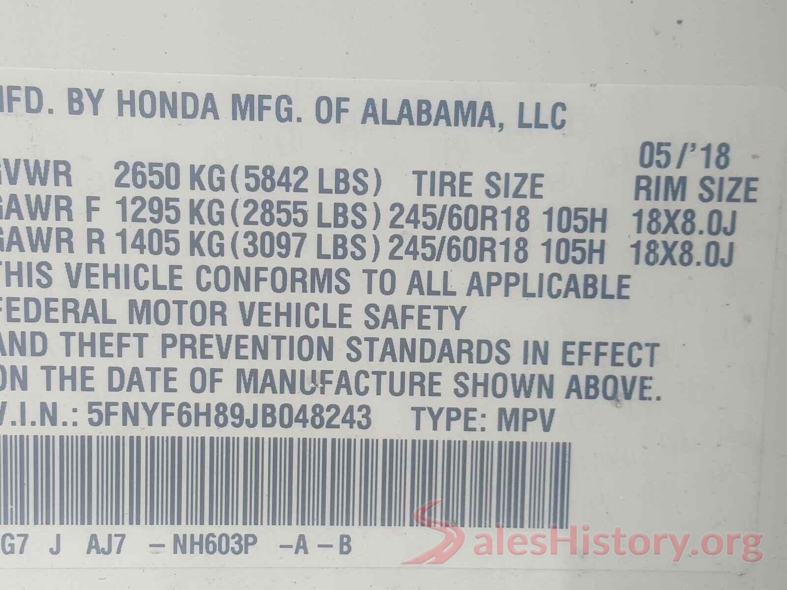 5FNYF6H89JB048243 2018 HONDA PILOT