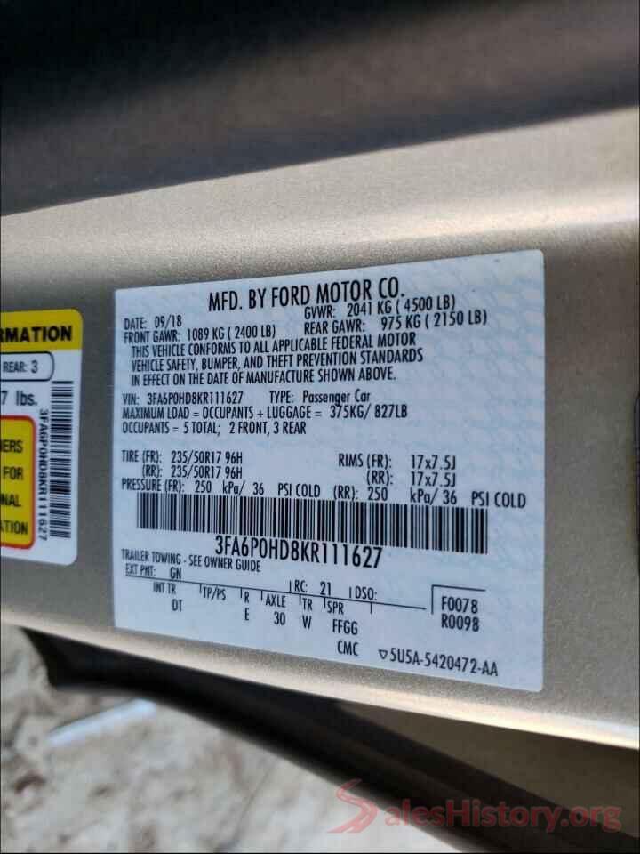 3FA6P0HD8KR111627 2019 FORD FUSION