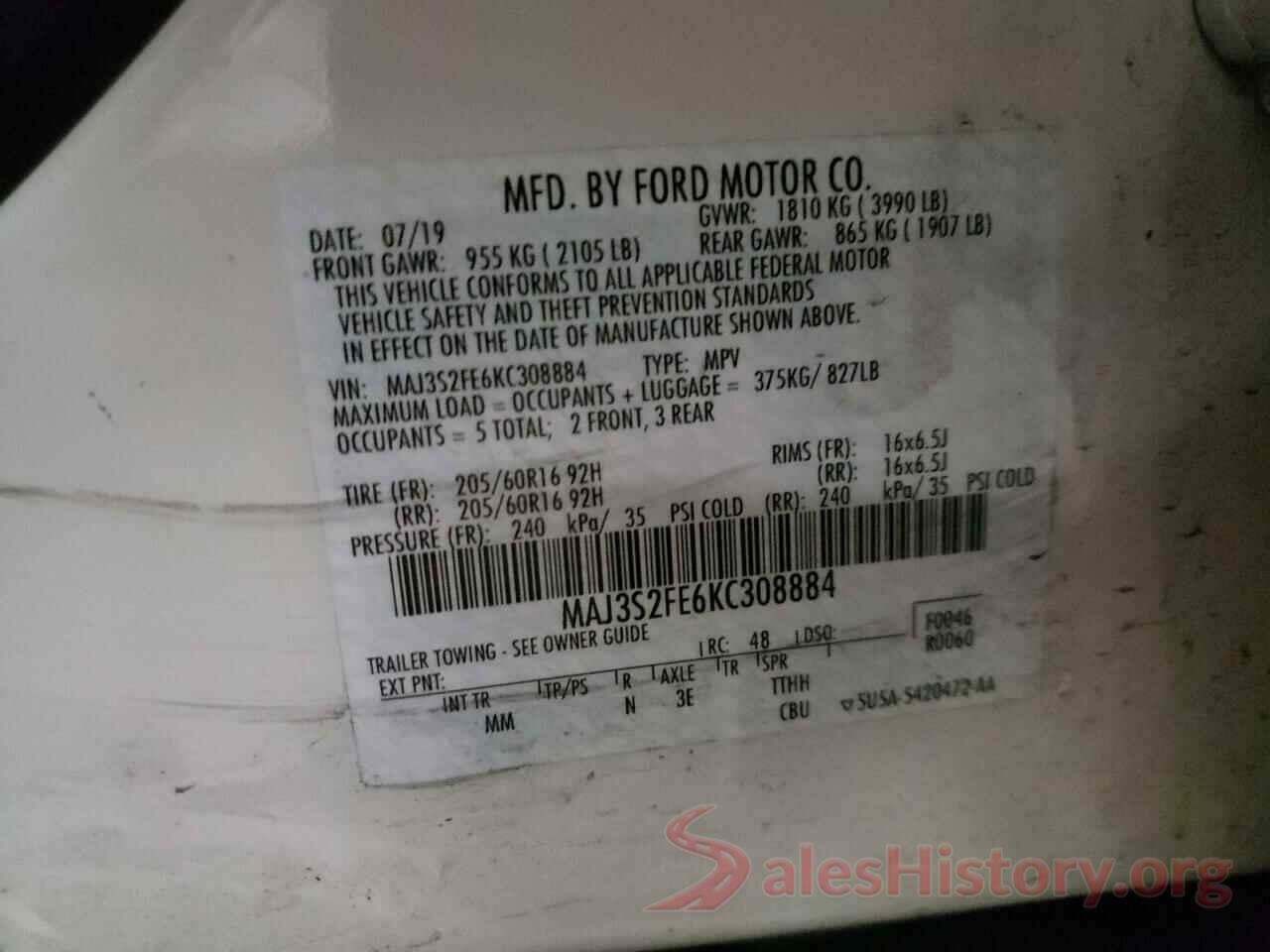 MAJ3S2FE6KC308884 2019 FORD ALL OTHER