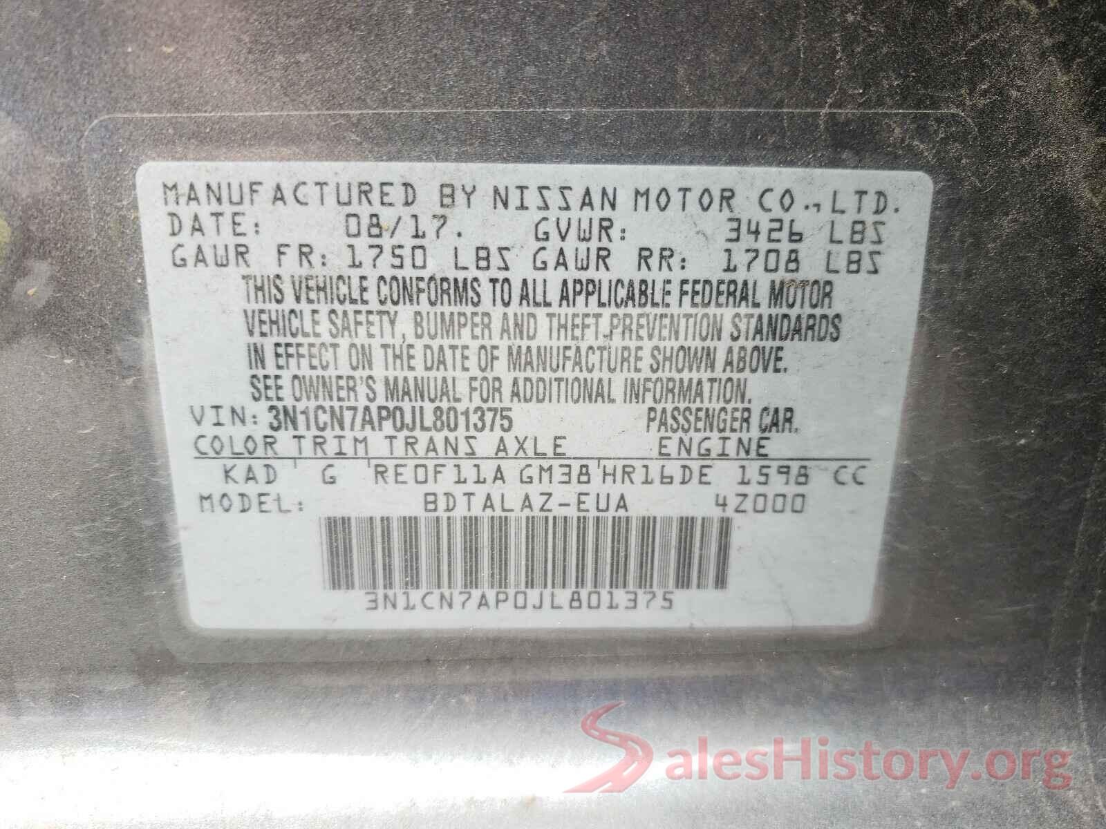 3N1CN7AP0JL801375 2018 NISSAN VERSA