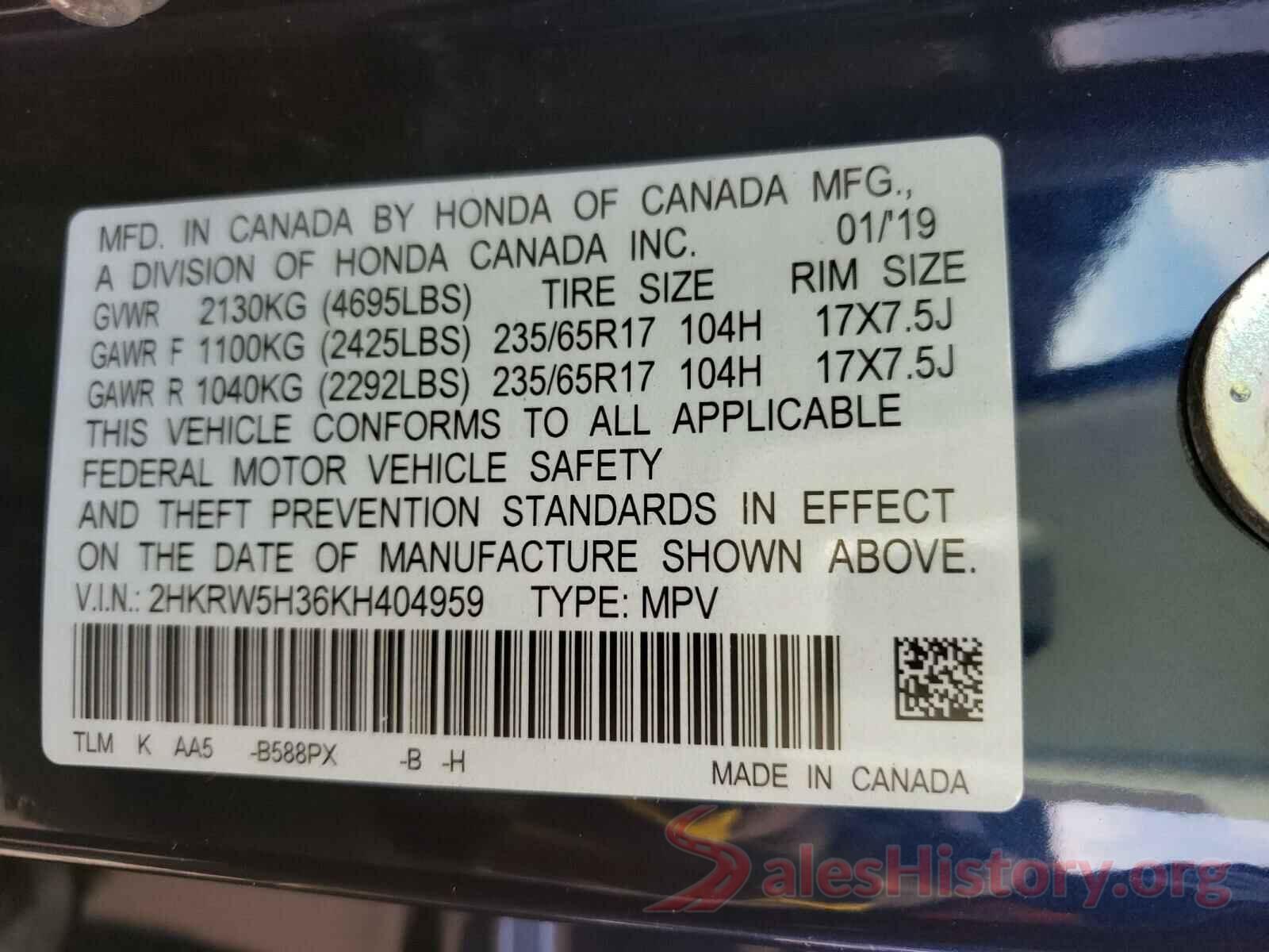 2HKRW5H36KH404959 2019 HONDA CRV