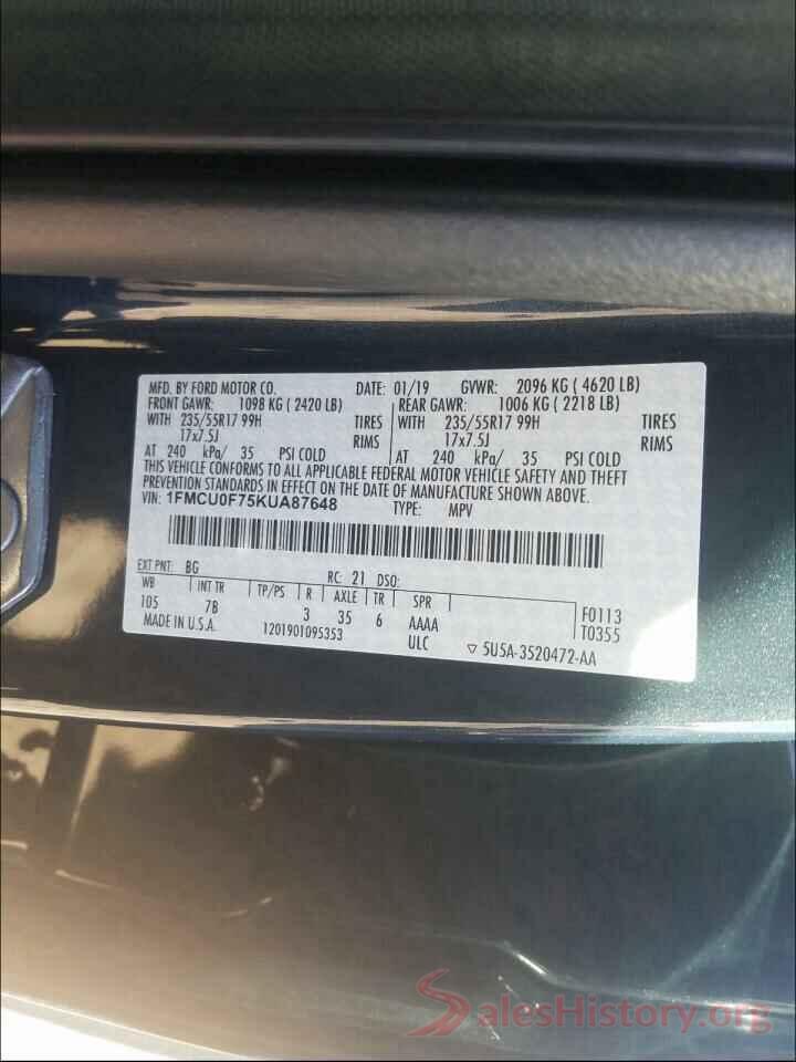 1FMCU0F75KUA87648 2019 FORD ESCAPE