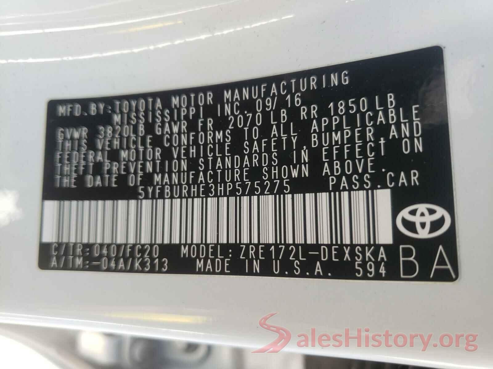 5YFBURHE3HP575275 2017 TOYOTA COROLLA