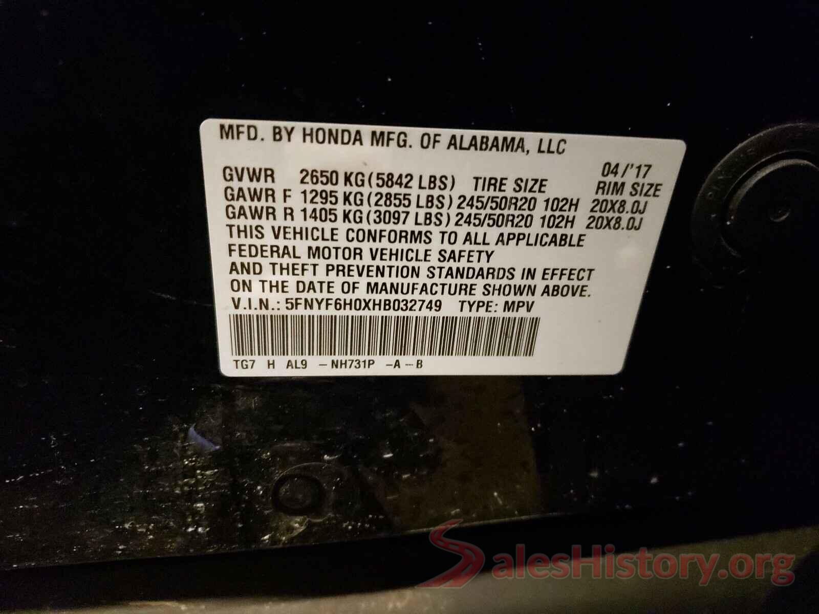 5FNYF6H0XHB032749 2017 HONDA PILOT