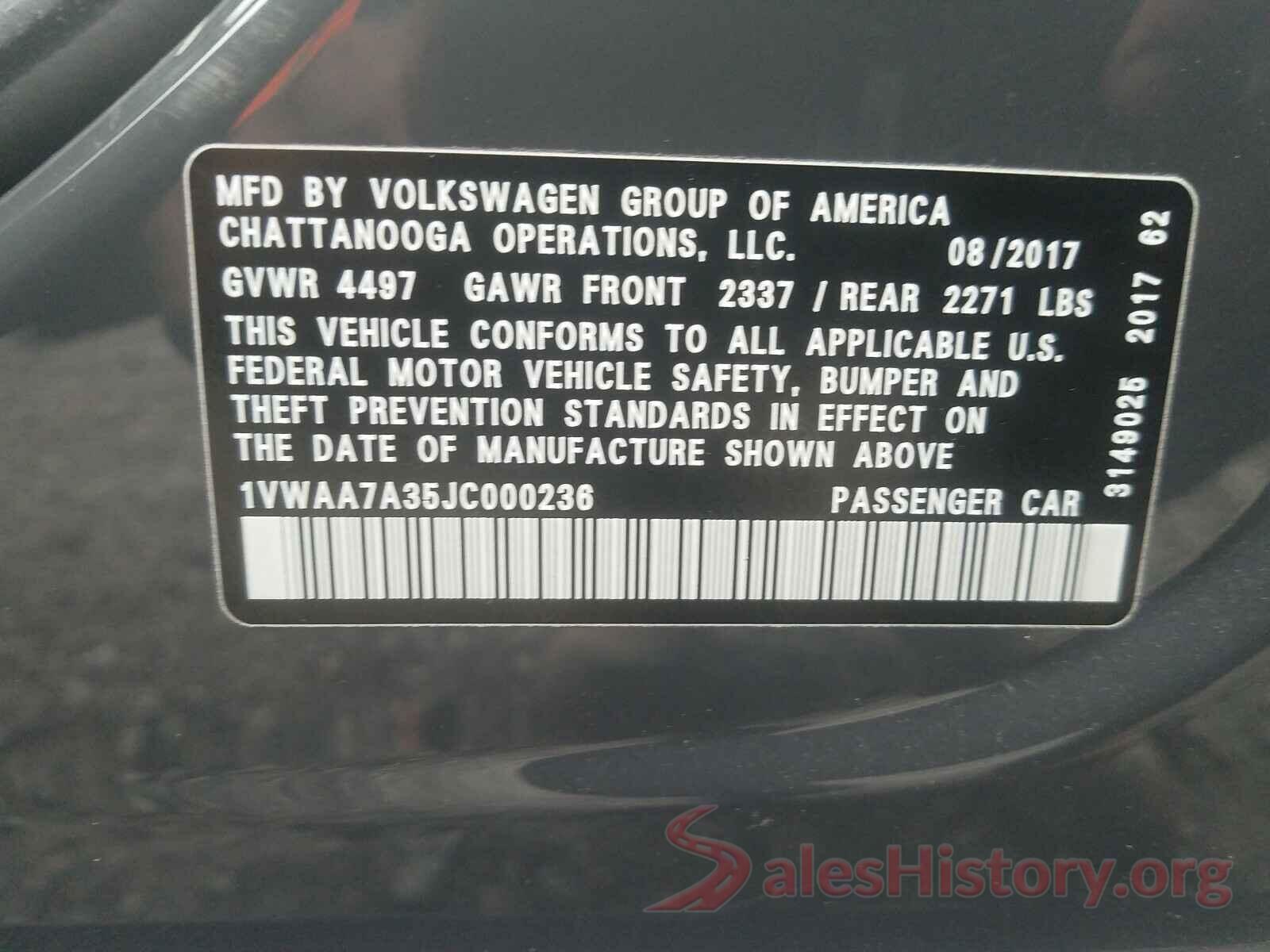 1VWAA7A35JC000236 2018 VOLKSWAGEN PASSAT