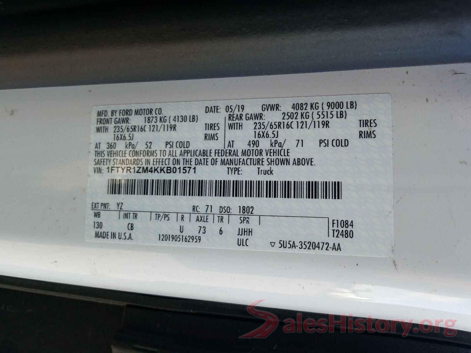 1FTYR1ZM4KKB01571 2019 FORD TRANSIT CO