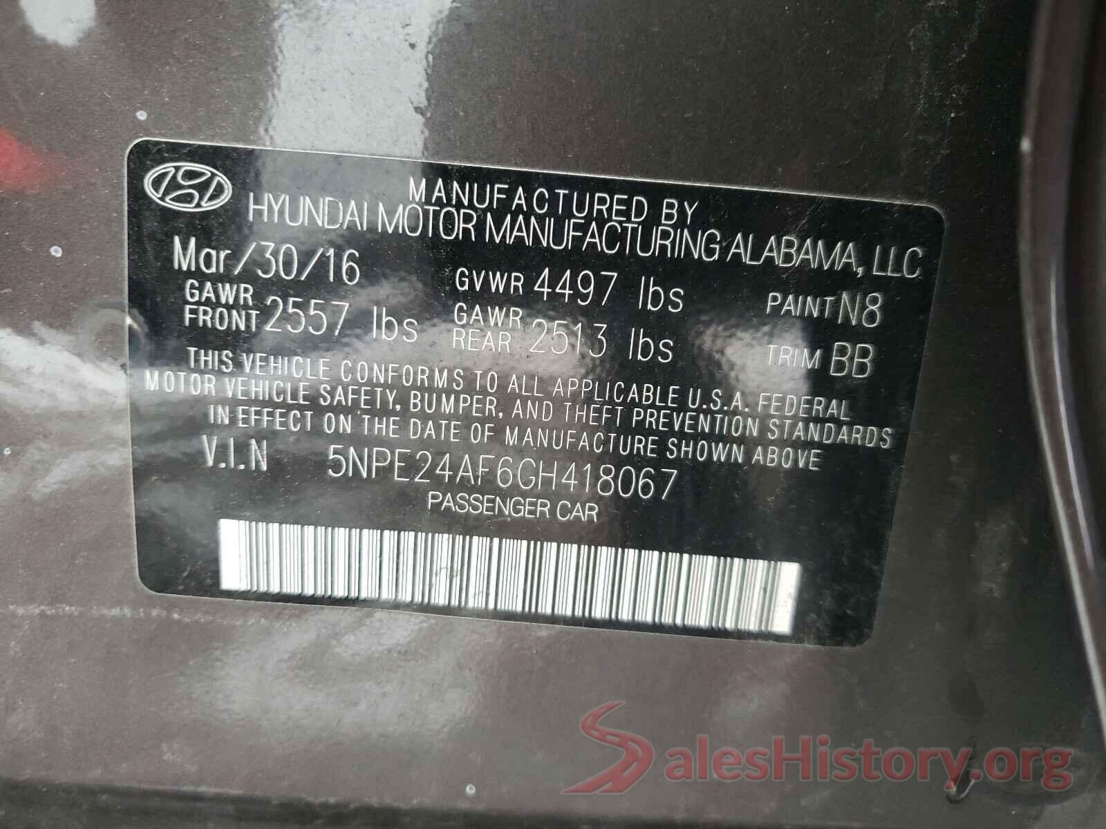 5NPE24AF6GH418067 2016 HYUNDAI SONATA