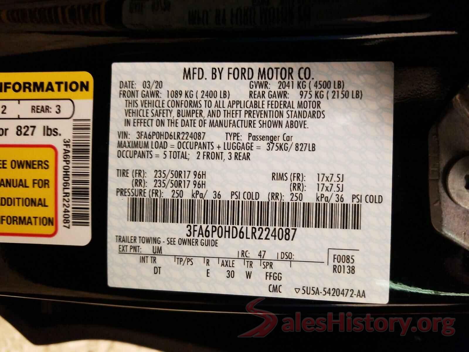 3FA6P0HD6LR224087 2020 FORD FUSION