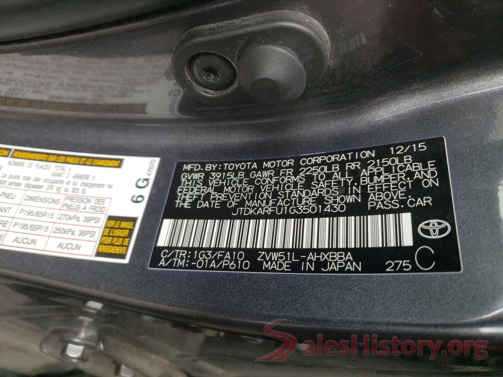 JTDKARFU1G3501430 2016 TOYOTA PRIUS