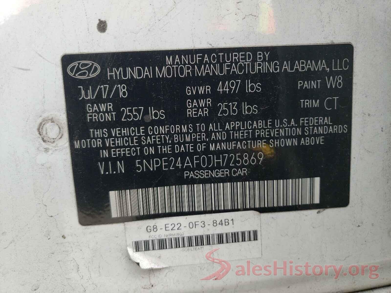 5NPE24AF0JH725869 2018 HYUNDAI SONATA