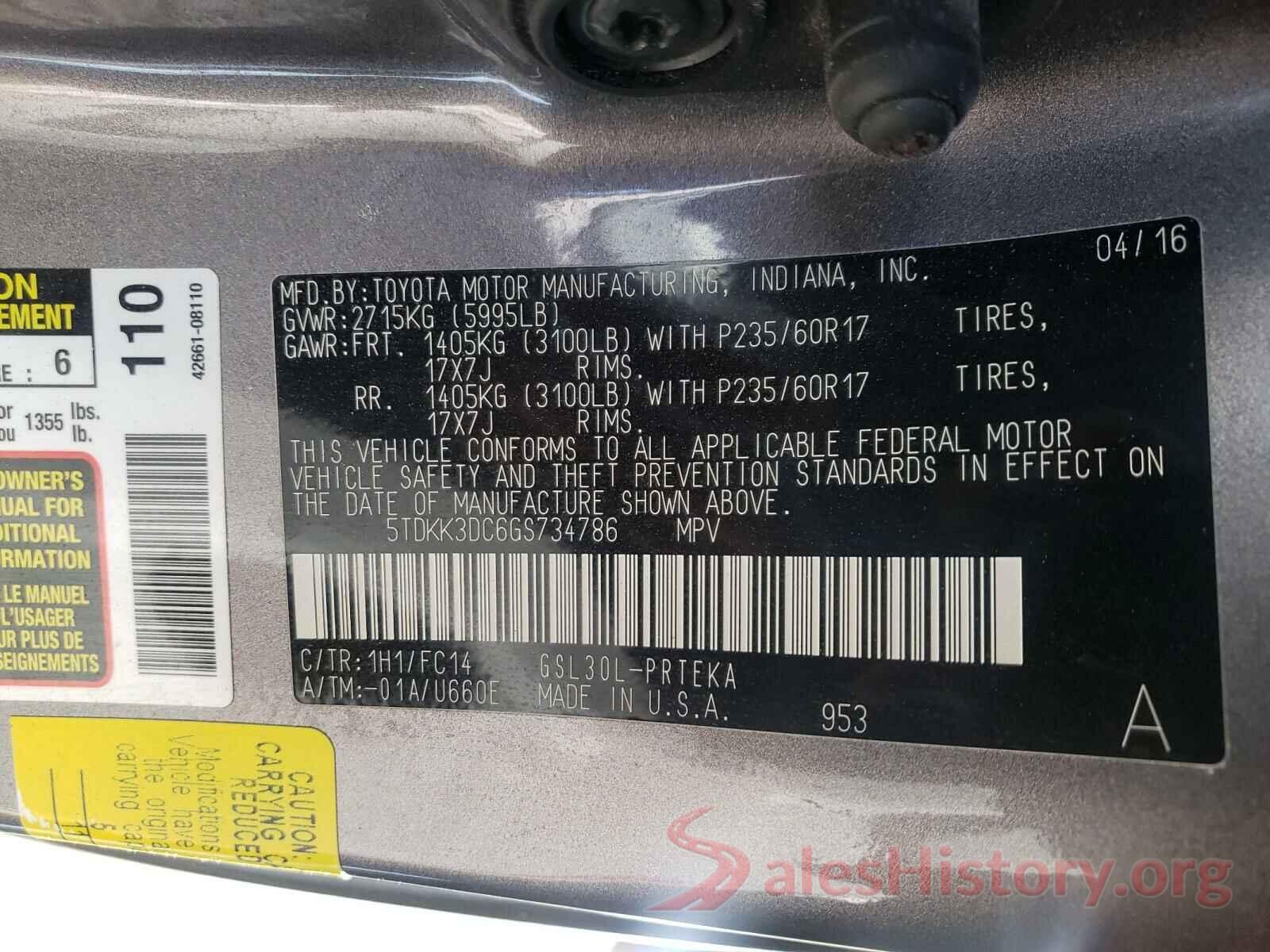 5TDKK3DC6GS734786 2016 TOYOTA SIENNA