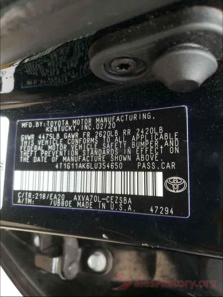 4T1G11AK6LU354650 2020 TOYOTA CAMRY