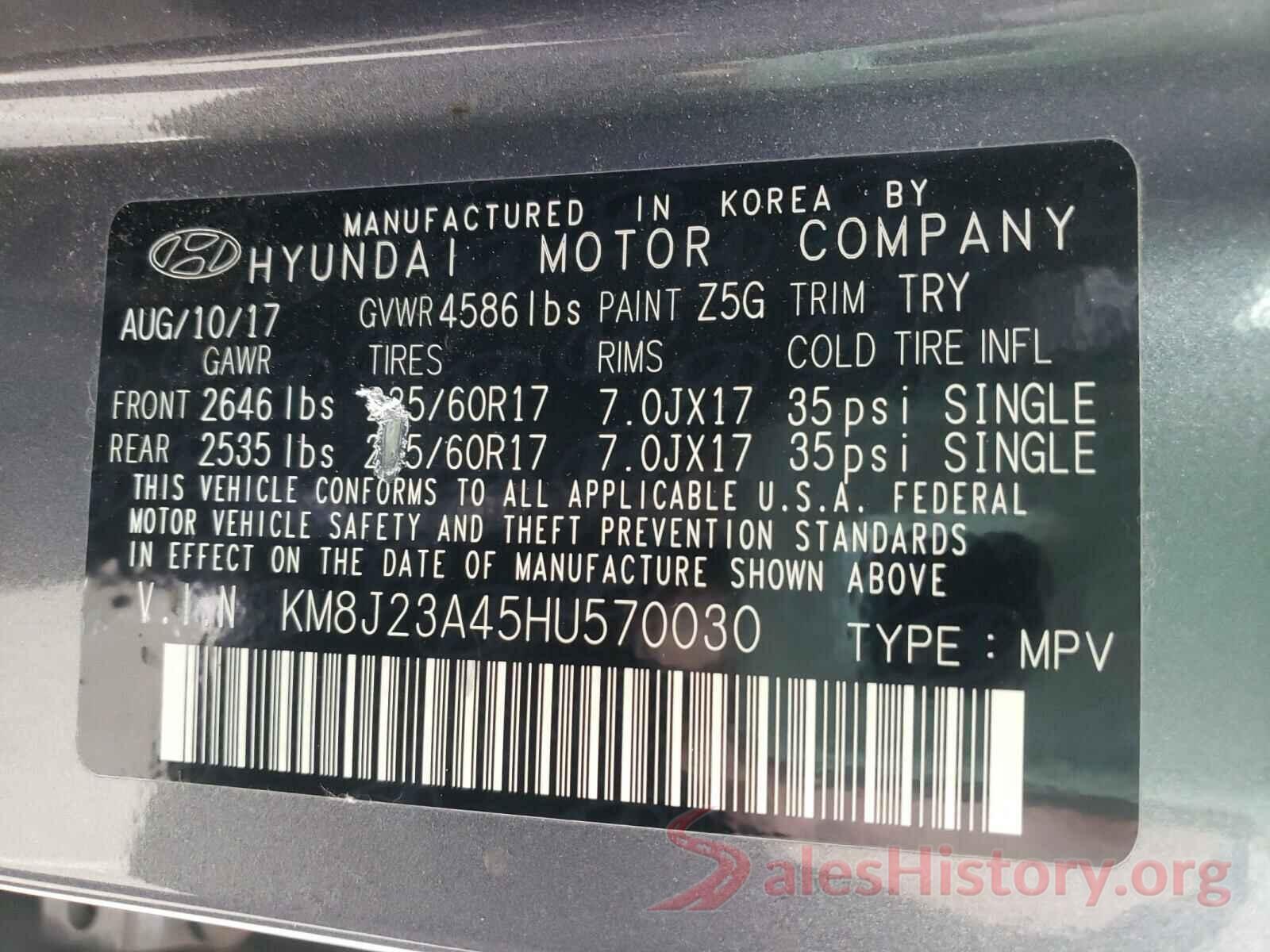 KM8J23A45HU570030 2017 HYUNDAI TUCSON