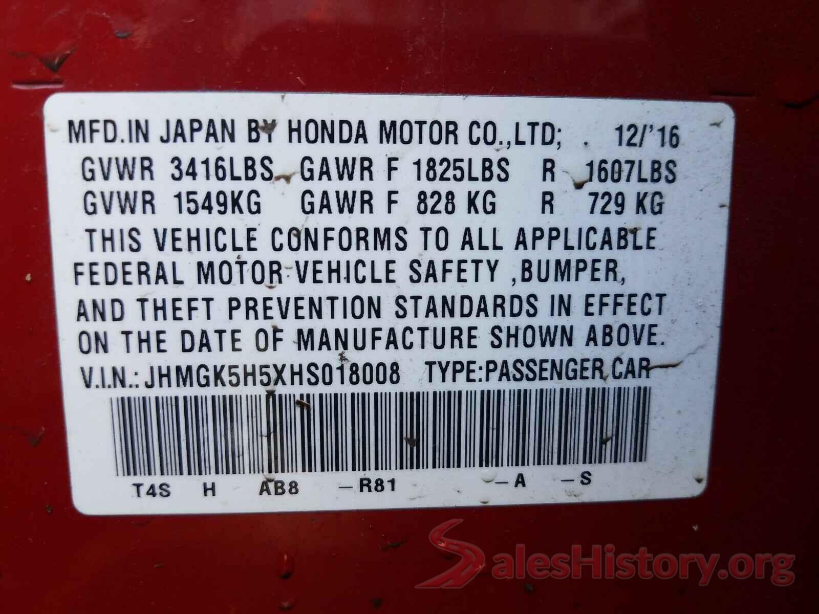 JHMGK5H5XHS018008 2017 HONDA FIT