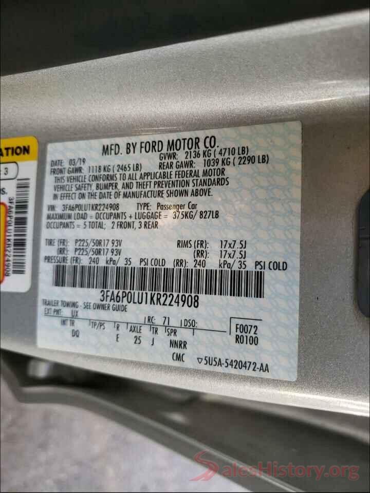 3FA6P0LU1KR224908 2019 FORD FUSION