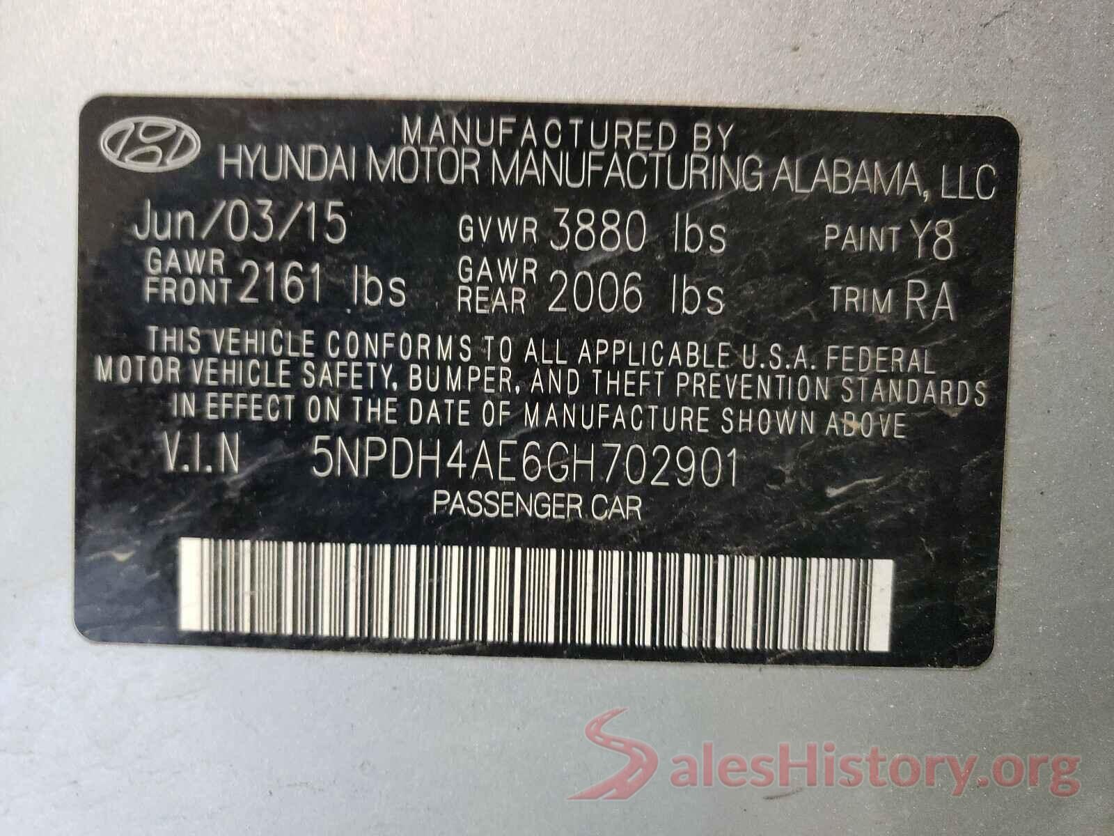 5NPDH4AE6GH702901 2016 HYUNDAI ELANTRA