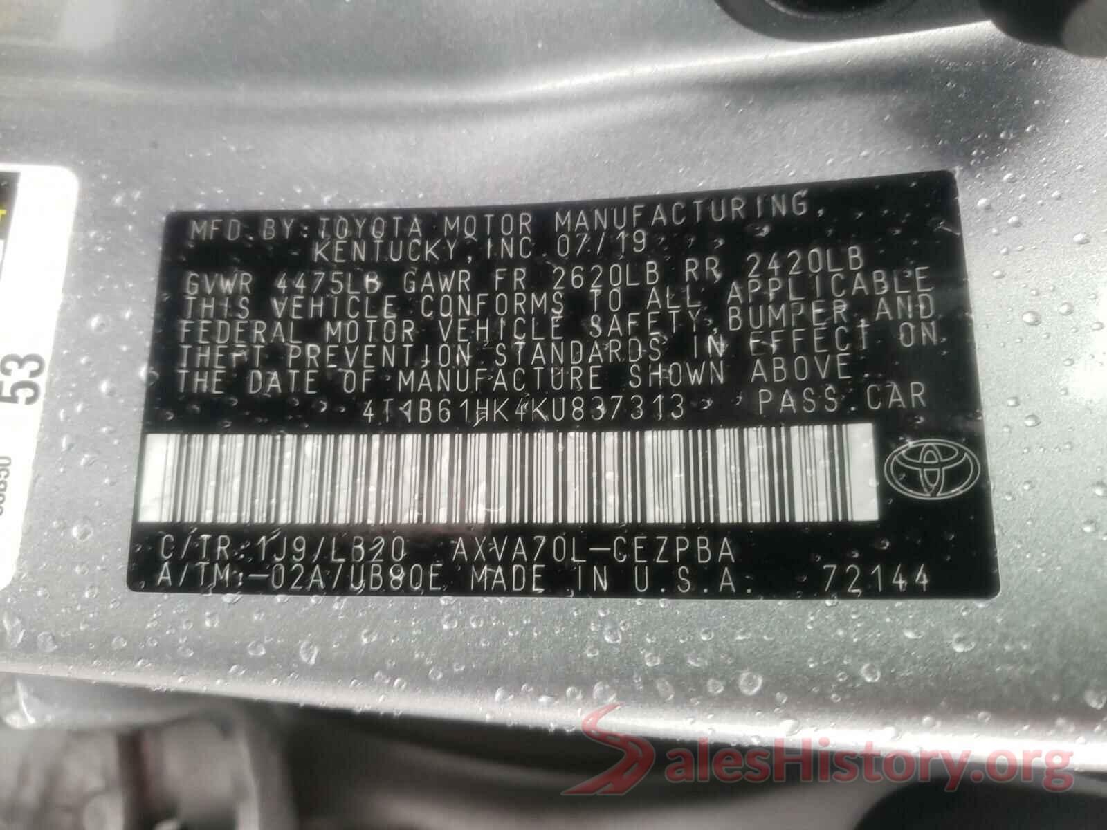 4T1B61HK4KU837313 2019 TOYOTA CAMRY