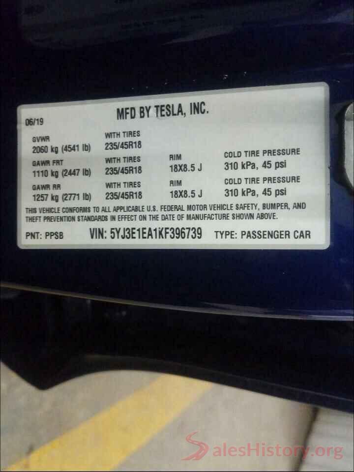 5YJ3E1EA1KF396739 2019 TESLA MODEL 3