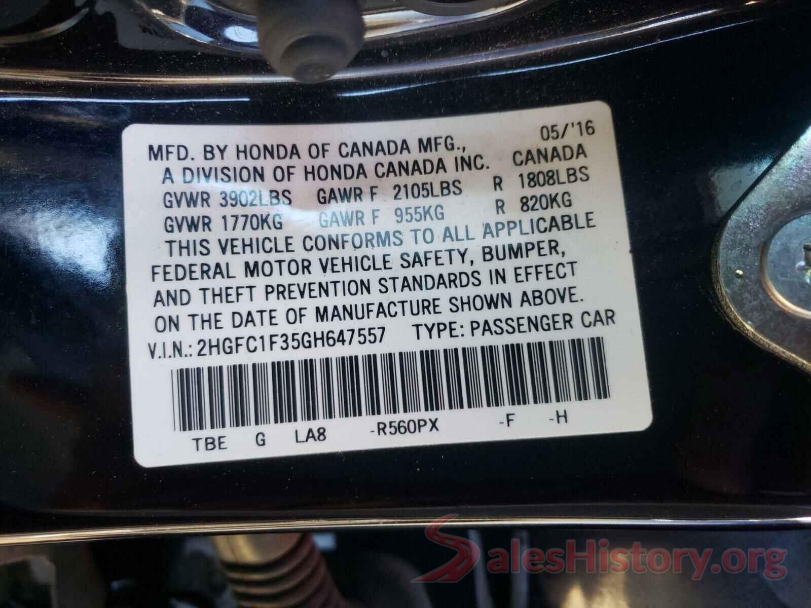 2HGFC1F35GH647557 2016 HONDA CIVIC