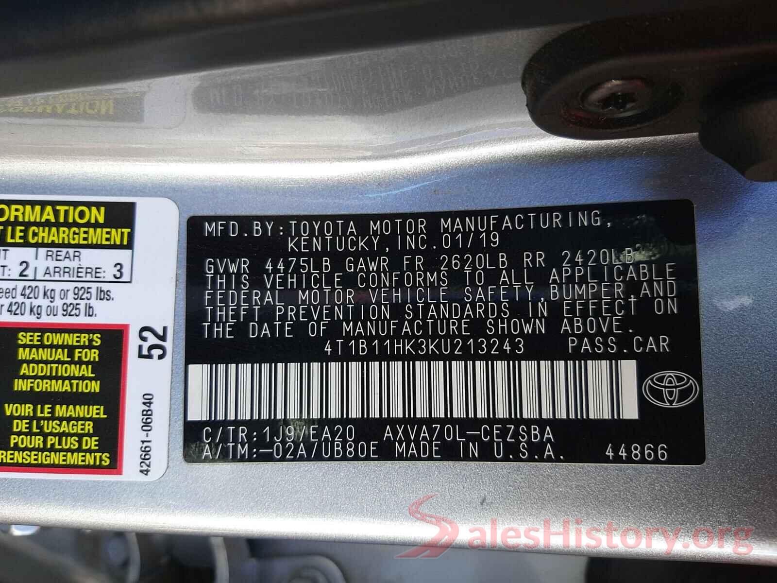 4T1B11HK3KU213243 2019 TOYOTA CAMRY