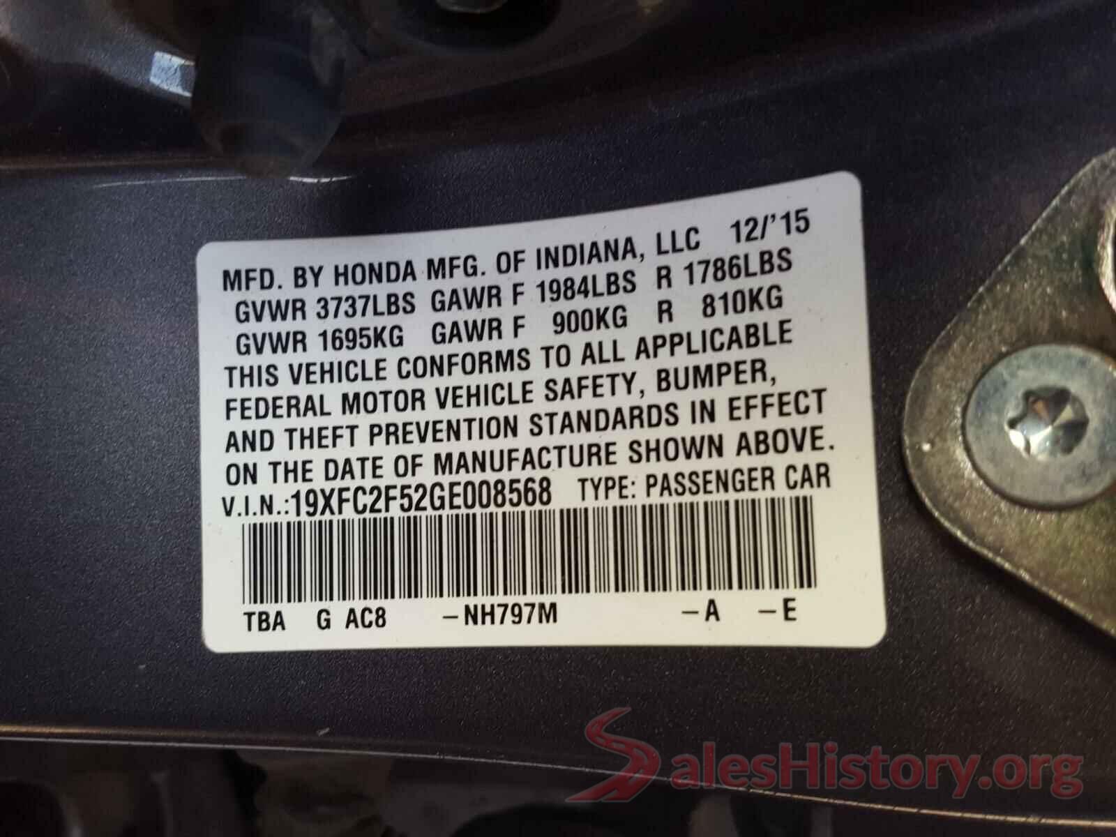 19XFC2F52GE008568 2016 HONDA CIVIC