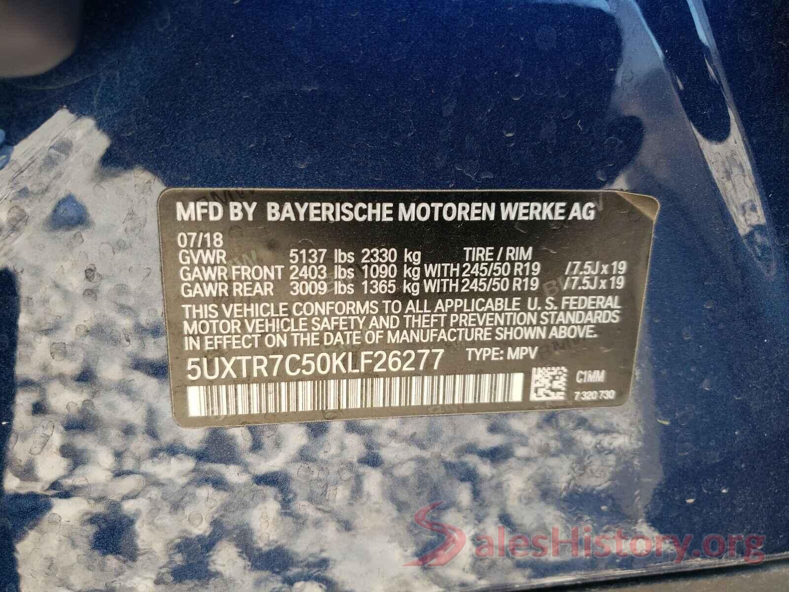 5UXTR7C50KLF26277 2019 BMW X3