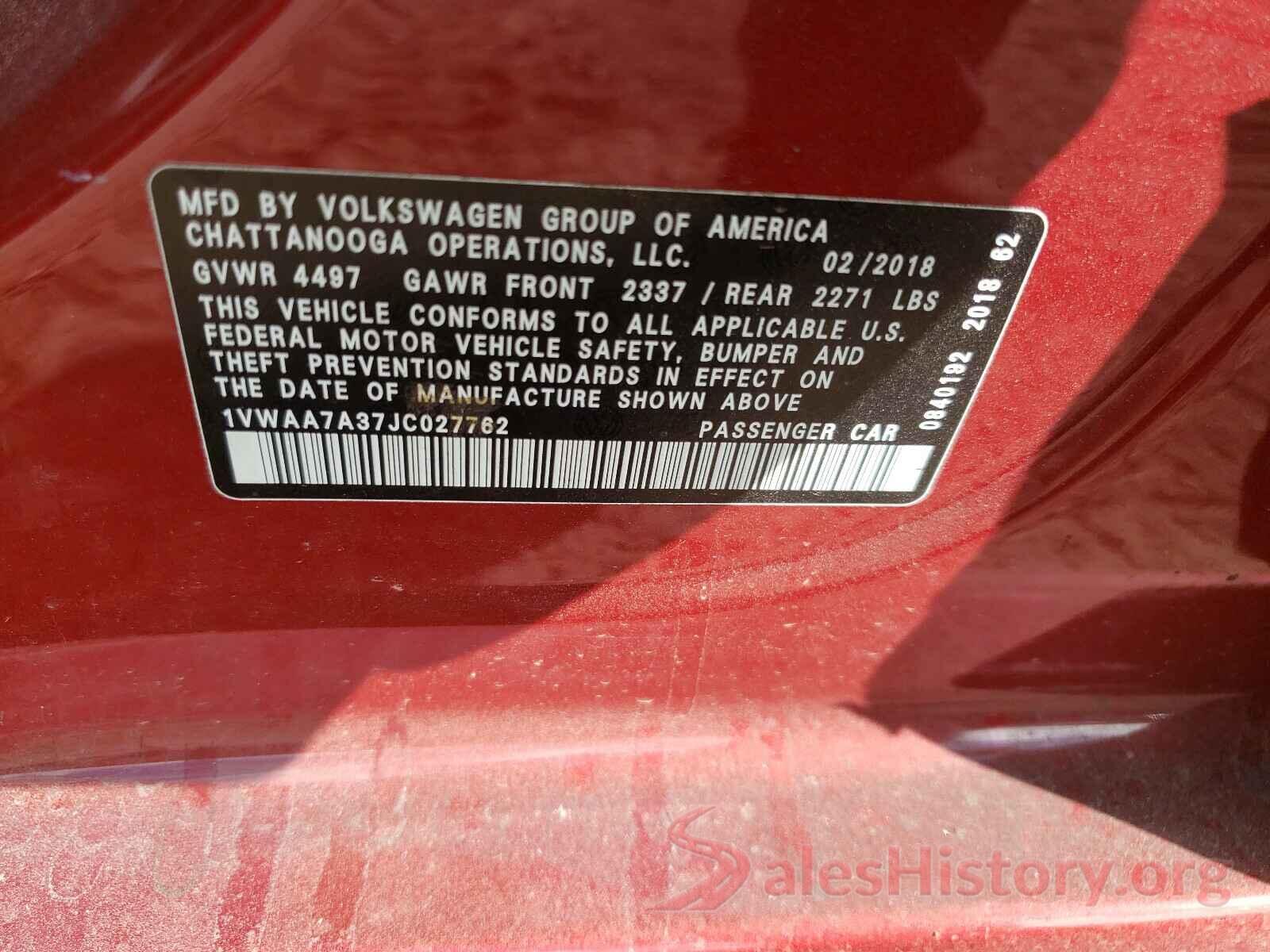 1VWAA7A37JC027762 2018 VOLKSWAGEN PASSAT