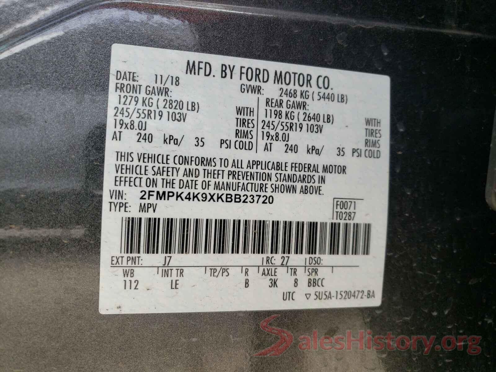 2FMPK4K9XKBB23720 2019 FORD EDGE