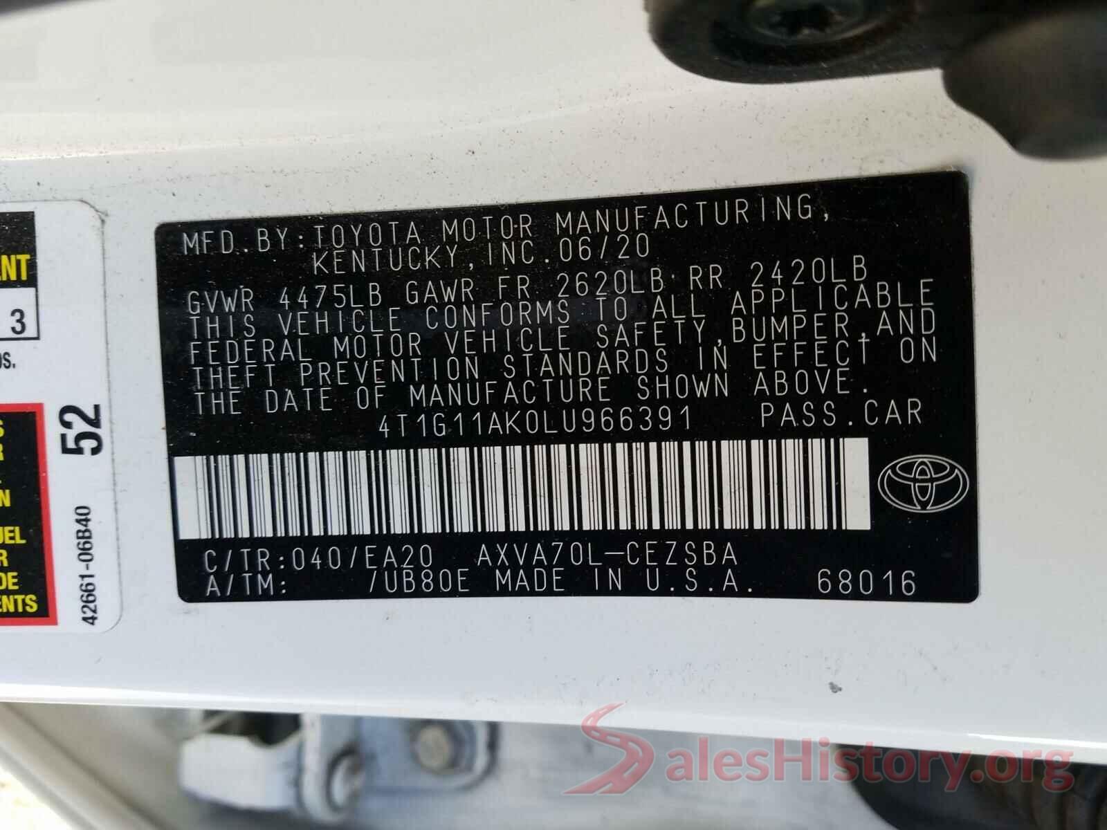 4T1G11AK0LU966391 2020 TOYOTA CAMRY