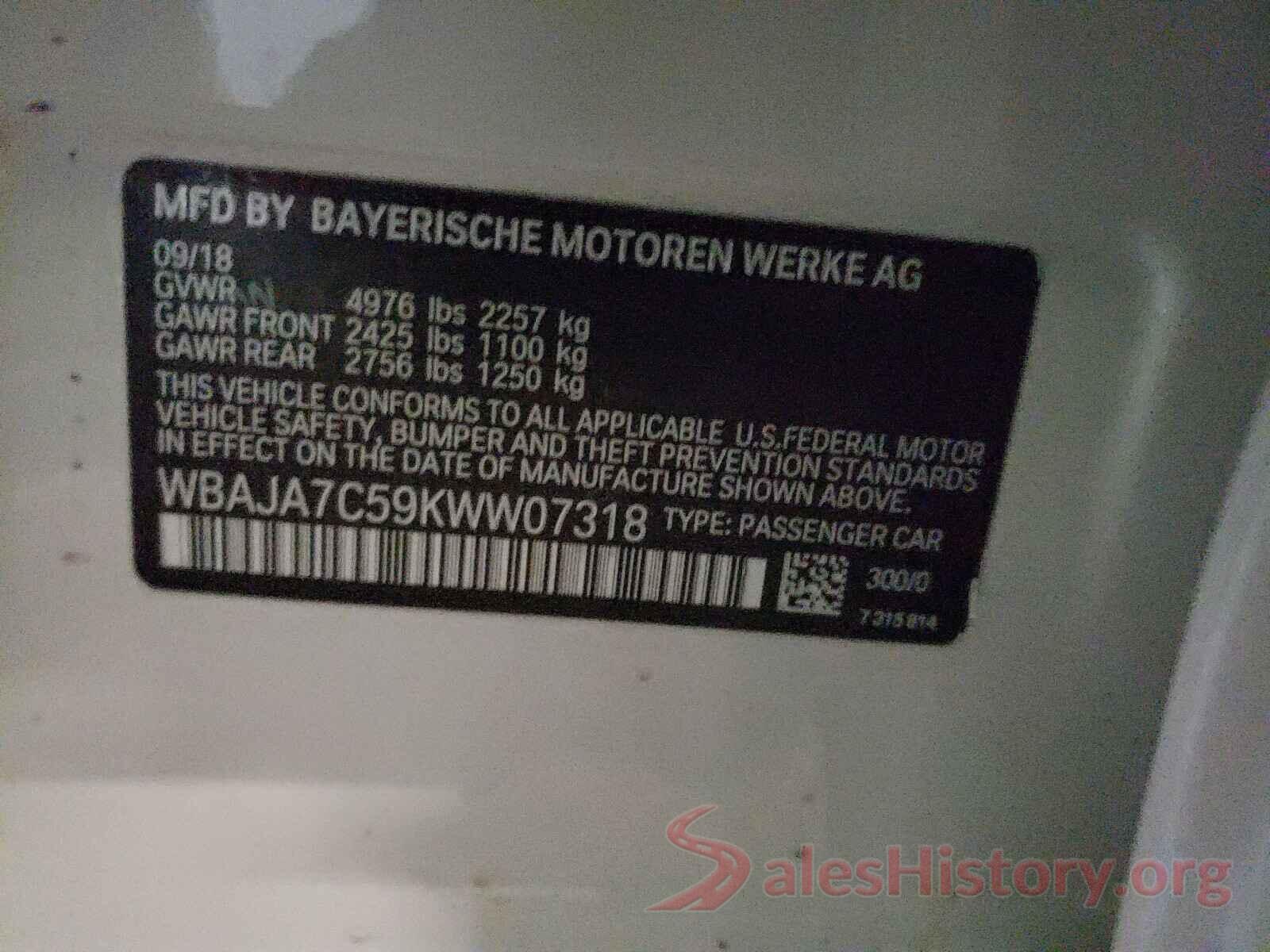 WBAJA7C59KWW07318 2019 BMW 5 SERIES