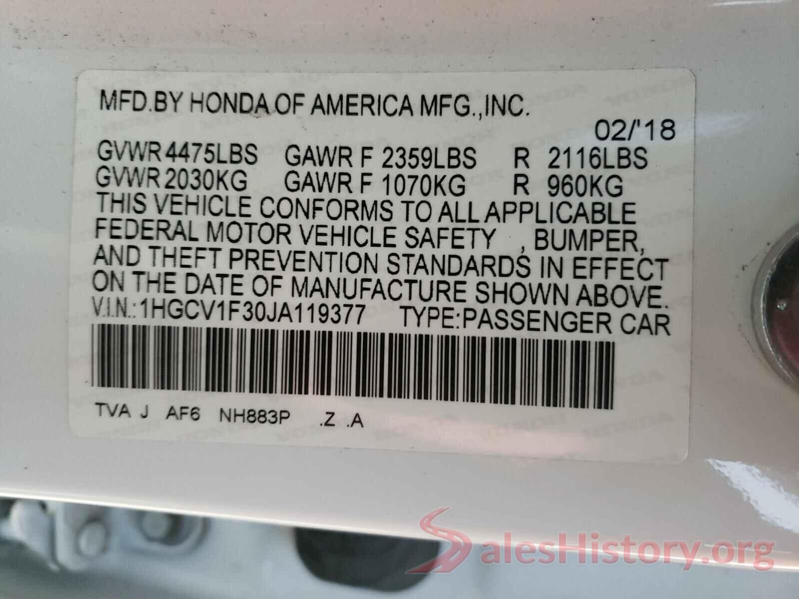 1HGCV1F30JA119377 2018 HONDA ACCORD