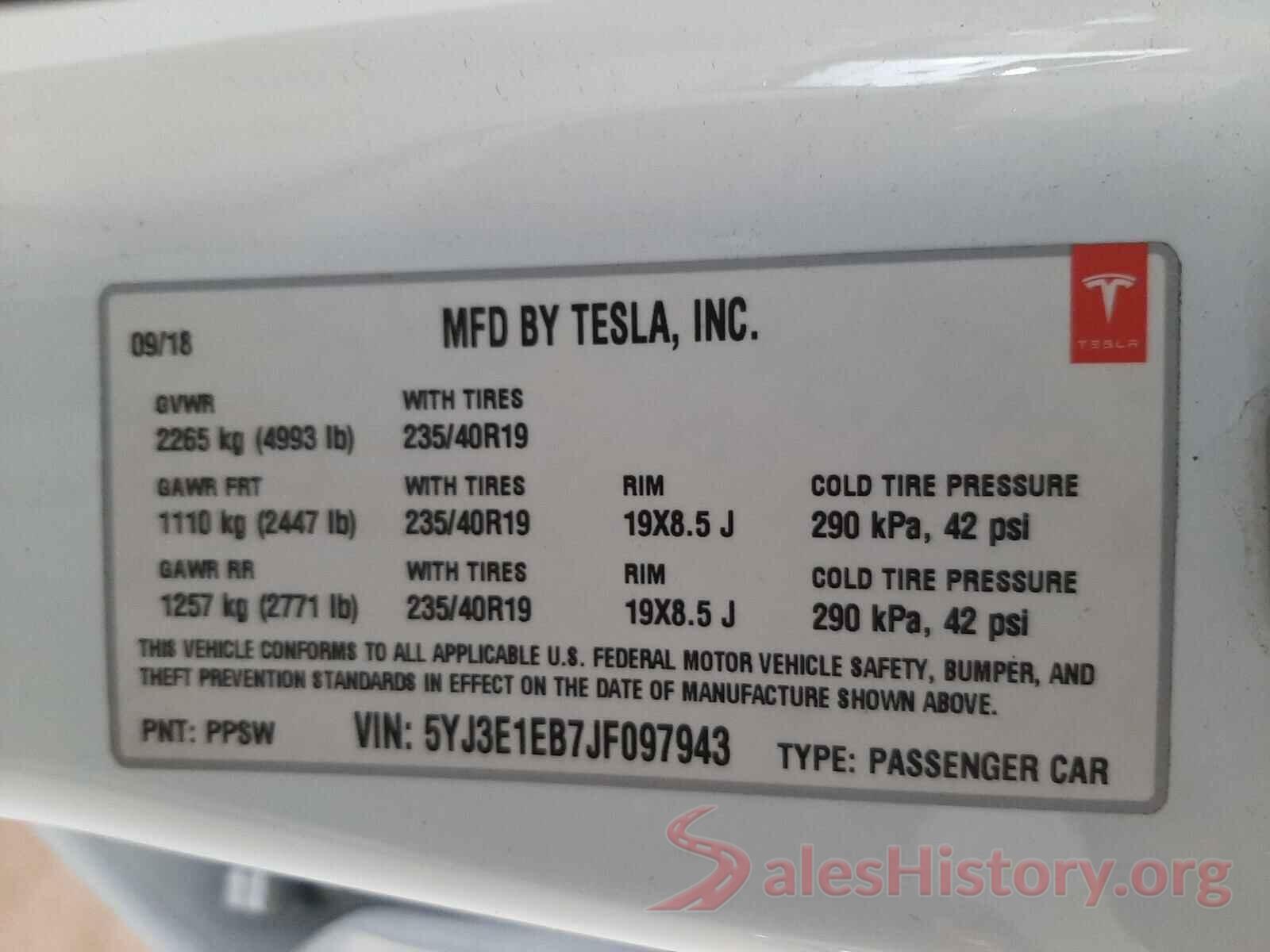 5YJ3E1EB7JF097943 2018 TESLA MODEL 3