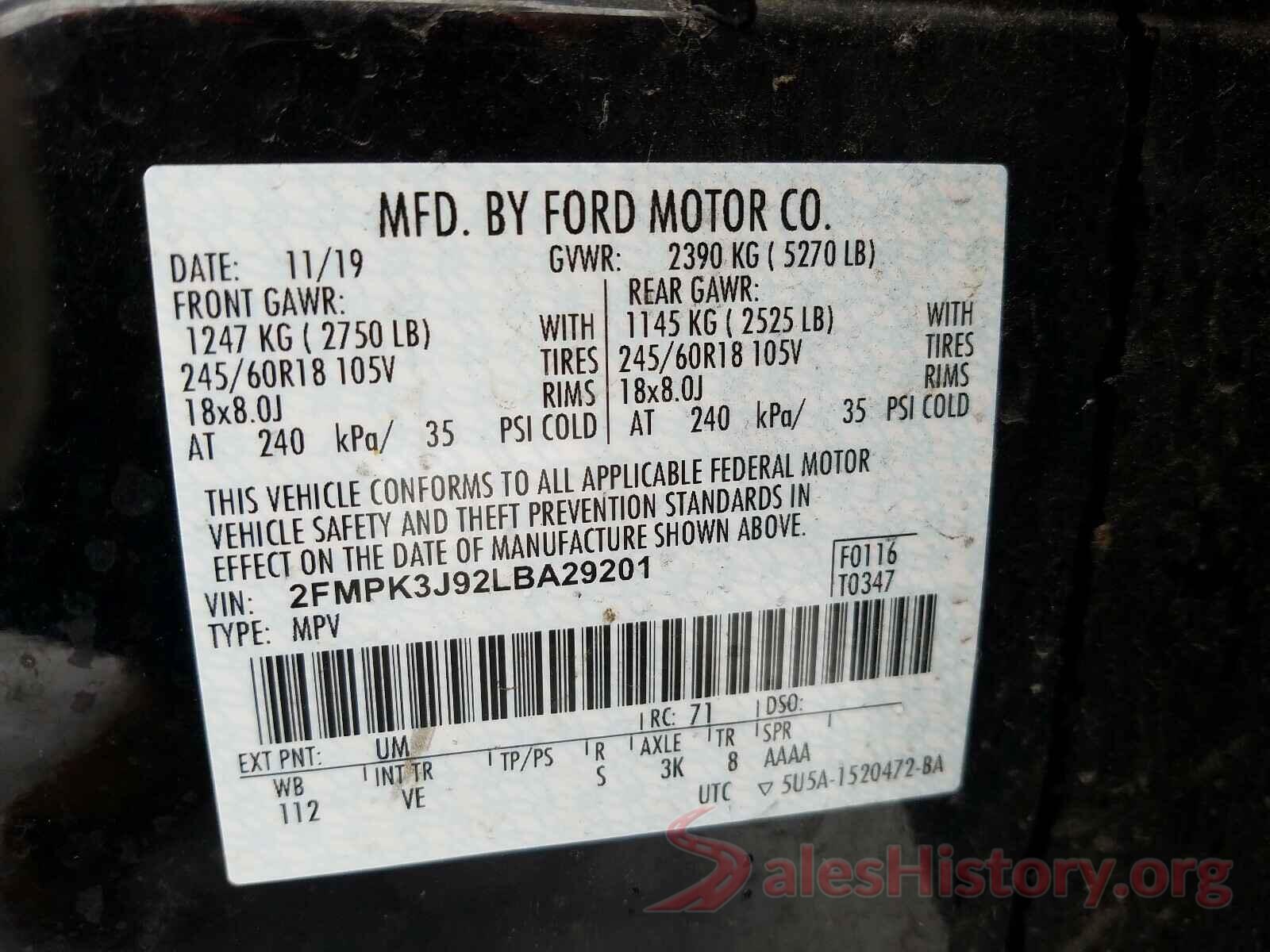 2FMPK3J92LBA29201 2020 FORD EDGE