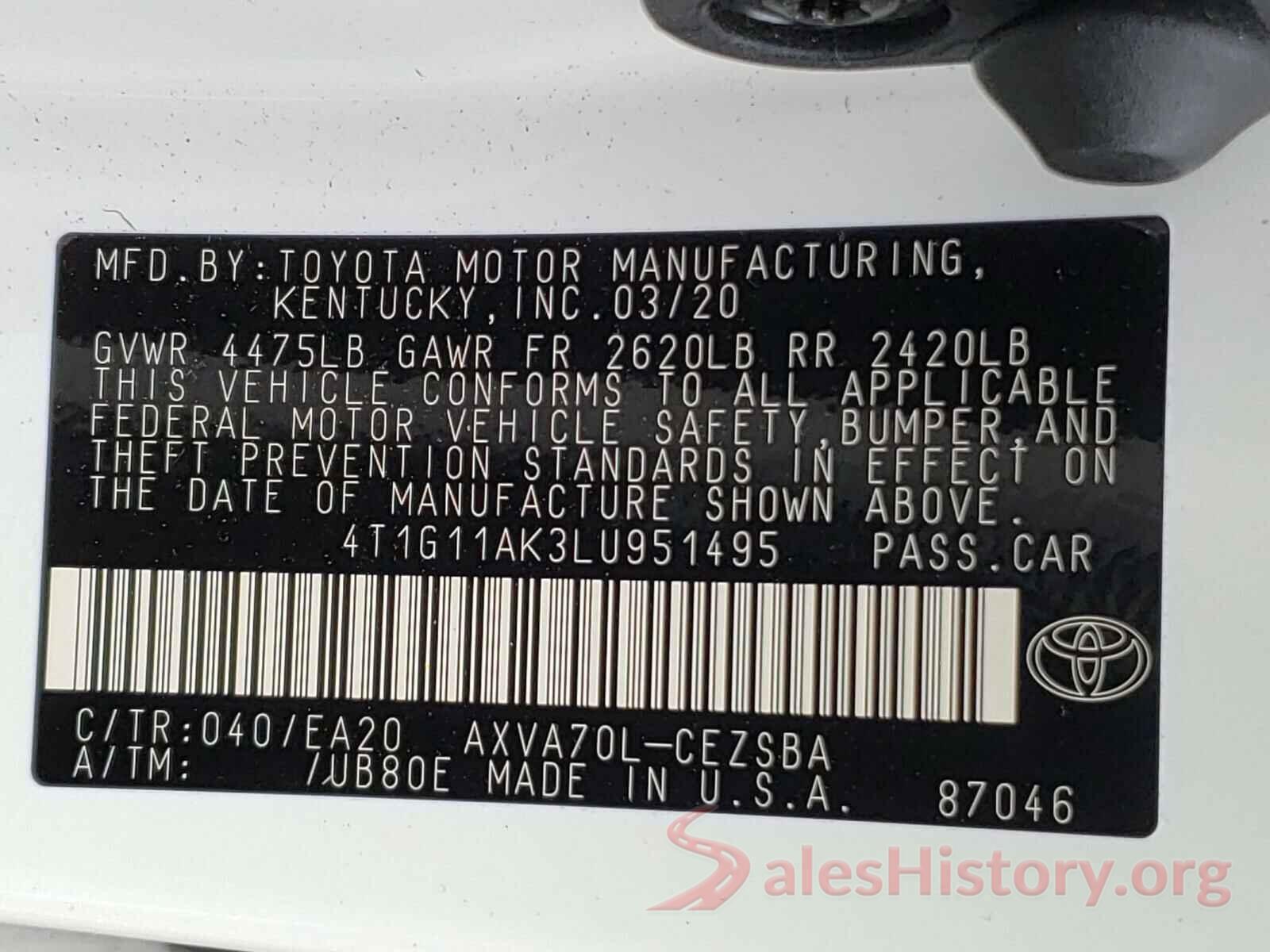 4T1G11AK3LU951495 2020 TOYOTA CAMRY