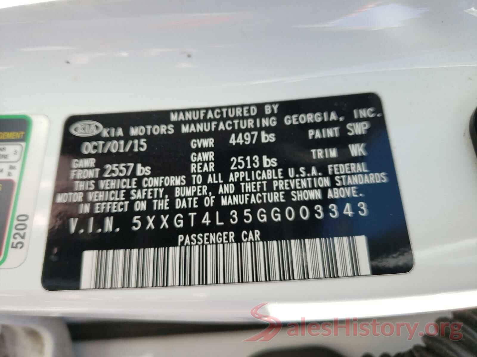 5XXGT4L35GG003343 2016 KIA OPTIMA