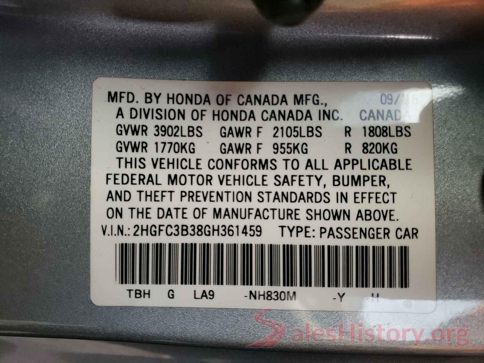 2HGFC3B38GH361459 2016 HONDA CIVIC