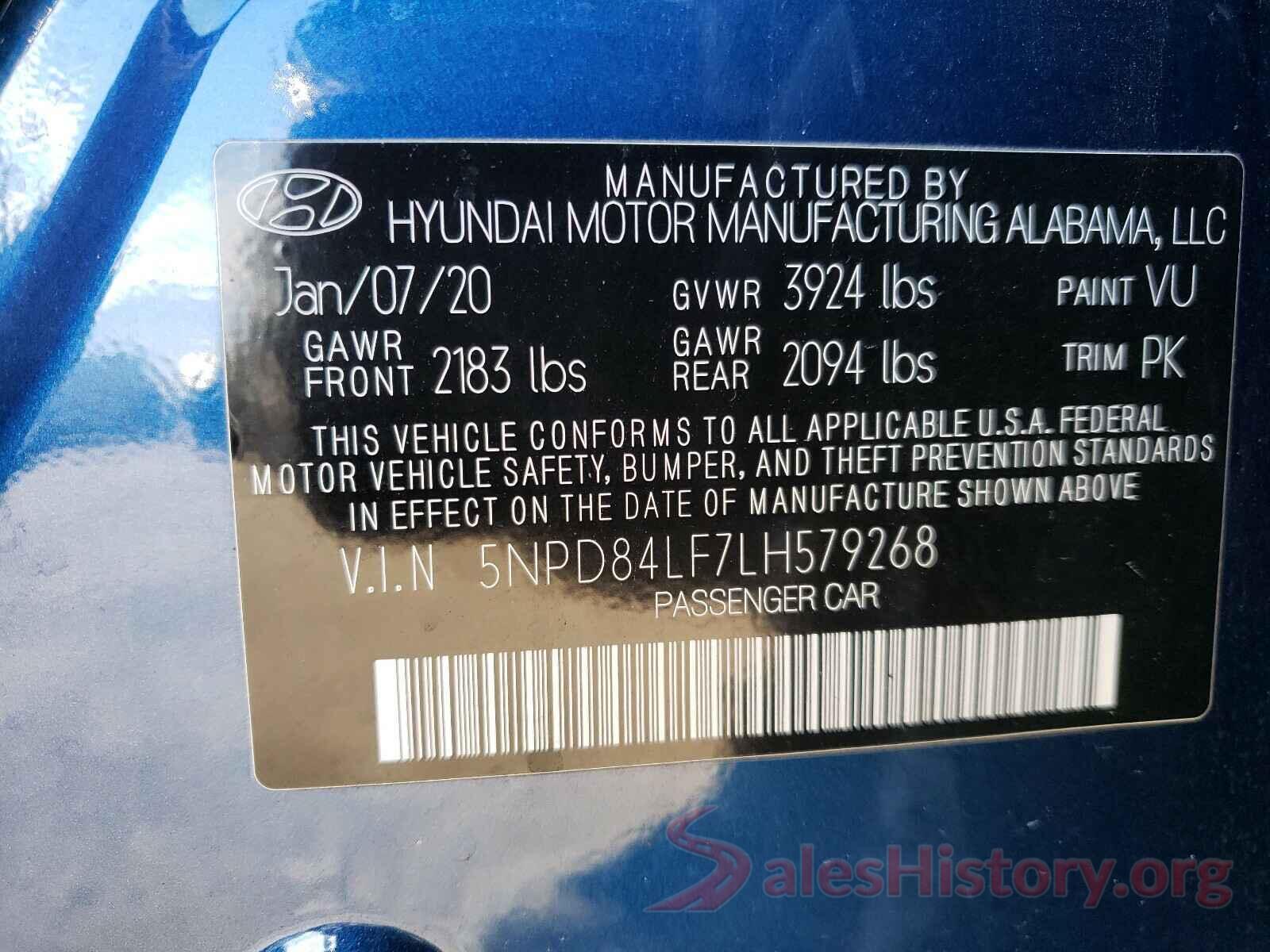 5NPD84LF7LH579268 2020 HYUNDAI ELANTRA