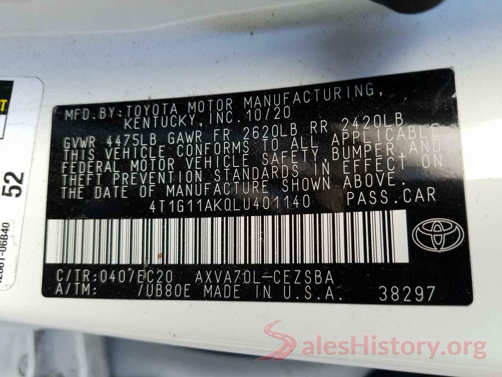 4T1G11AK0LU401140 2020 TOYOTA CAMRY