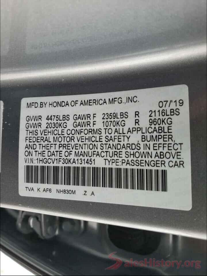 1HGCV1F30KA131451 2019 HONDA ACCORD