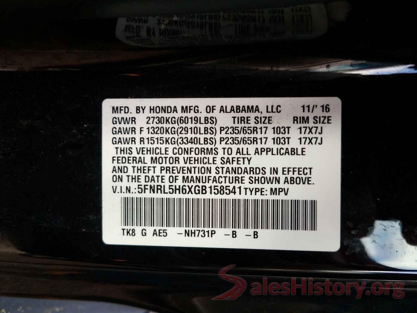 5FNRL5H6XGB158541 2016 HONDA ODYSSEY